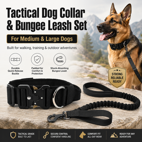 Black Tactical Dog Collar and Bungee Lead Set (L size) - Padded Quick Release Collar with Control Handle and Shock Absorbing Leash for Medium and Large Dogs In Australia - Darrahopens