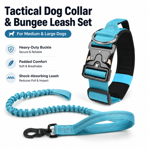 Blue Tactical Dog Collar and Bungee Lead Set (L size) - Padded Quick Release Collar with Control Handle and Shock Absorbing Leash for Medium and Large Dogs In Australia - Darrahopens