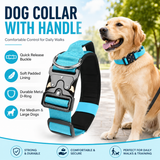 Blue Tactical Dog Collar for Large Dogs (L size)- Wide Padded Nylon Collar with Quick Release Metal Buckle, Control Handle and D-Ring for Walking and Training