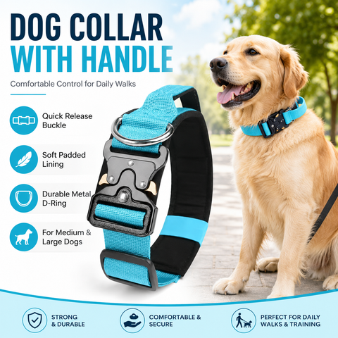 Blue Tactical Dog Collar for Large Dogs (XL size)- Wide Padded Nylon Collar with Quick Release Metal Buckle, Control Handle and D-Ring for Walking and Training In Australia - Darrahopens