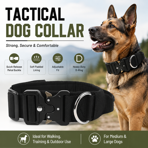 Black Tactical Dog Collar for Large Dogs (XL size)- Wide Padded Nylon Collar with Quick Release Metal Buckle, Control Handle and D-Ring for Walking and Training In Australia - Darrahopens