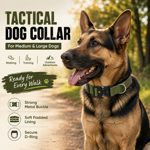 Green Tactical Dog Collar for Large Dogs (M size)- Wide Padded Nylon Collar with Quick Release Metal Buckle, Control Handle and D-Ring for Walking and Training In Australia - Darrahopens