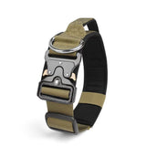 Khaki Tactical Dog Collar for Large Dogs (M size)- Wide Padded Nylon Collar with Quick Release Metal Buckle, Control Handle and D-Ring for Walking and Training