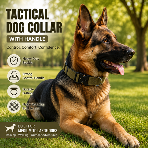 Khaki Tactical Dog Collar for Large Dogs (L size)- Wide Padded Nylon Collar with Quick Release Metal Buckle, Control Handle and D-Ring for Walking and Training In Australia - Darrahopens