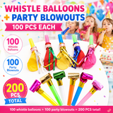 200 Piece Party Whistle and Blowout Set - 100 Whistle Balloons and 100 Party Blowers, Colourful Party Favors for Birthday Parties, Celebrations, Games and Loot Bags