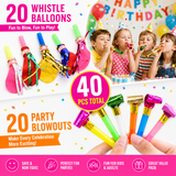 40 Piece Party Whistle and Blowout Set - 20 Whistle Balloons and 20 Party Blowers, Colourful Noise Makers for Birthdays, Celebrations and Party Bags