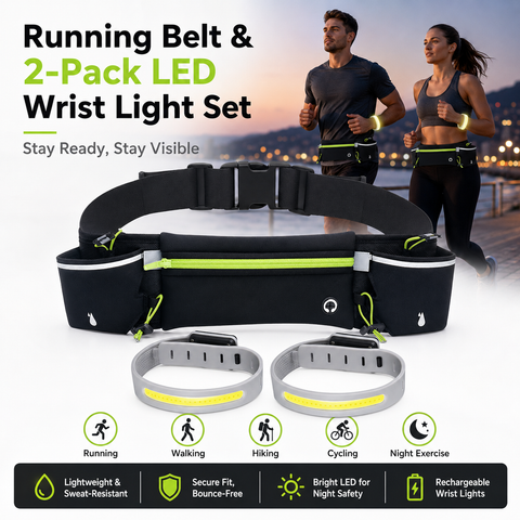 Green Running Belt and 2 Pack LED Wrist Light Set Outdoor Sports Waist Bag with Water Bottle Holder Reflective Running Belt and Rechargeable Safety Wrist Lights for Night Running Hiking Cycling Fitness In Australia - Darrahopens