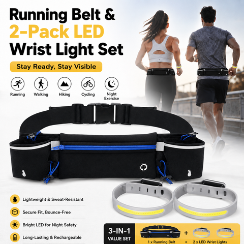 Blue Running Belt and 2 Pack LED Wrist Light Set Outdoor Sports Waist Bag with Water Bottle Holder Reflective Running Belt and Rechargeable Safety Wrist Lights for Night Running Hiking Cycling Fitness In Australia - Darrahopens