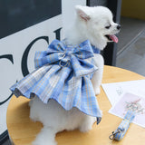 Blue Plaid Pet Harness Dress with Leash for Small Dogs and Cats M Size Bow Design Vest Outfit Walking Accessory