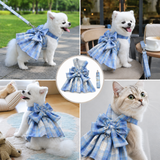 Blue Plaid Pet Harness Dress with Leash for Small Dogs and Cats XL Size Bow Design Vest Outfit Walking Accessory