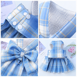 Blue Plaid Pet Harness Dress with Leash for Small Dogs and Cats XL Size Bow Design Vest Outfit Walking Accessory