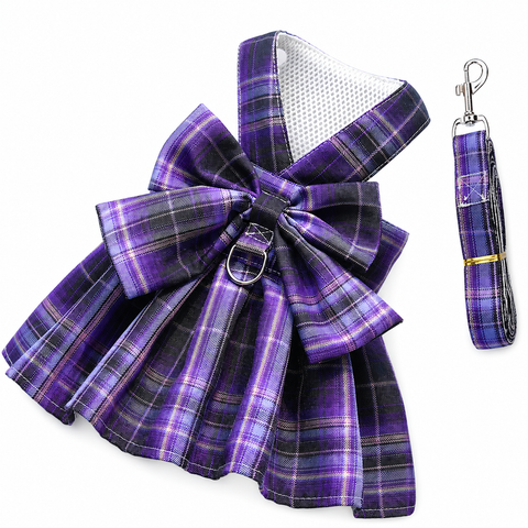 Dark Purple Plaid Pet Harness Dress with Leash for Small Dogs and Cats XS Size Bow Design Vest Outfit Walking Accessory In Australia - Darrahopens