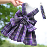 Dark Purple Plaid Pet Harness Dress with Leash for Small Dogs and Cats XS Size Bow Design Vest Outfit Walking Accessory