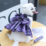 Dark Purple Plaid Pet Harness Dress with Leash for Small Dogs and Cats XXL Size Bow Design Vest Outfit Walking Accessory