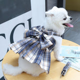 Navy Blue Plaid Pet Harness Dress with Leash for Small Dogs and Cats S Size Bow Design Vest Outfit Walking Accessory