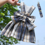 Navy Blue Plaid Pet Harness Dress with Leash for Small Dogs and Cats XL Size Bow Design Vest Outfit Walking Accessory