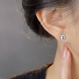 Blue Zircon Silver Plated Stud Earrings for Women - Elegant Minimalist Aquamarine Crystal Earrings for Everyday Wear