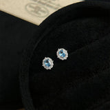 Blue Zircon Silver Plated Stud Earrings for Women - Elegant Minimalist Aquamarine Crystal Earrings for Everyday Wear