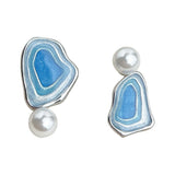 Blue Enamel Pearl Drop Earrings - Asymmetric Silver Needle Earrings with Gradient Glaze Design In Australia - Darrahopens