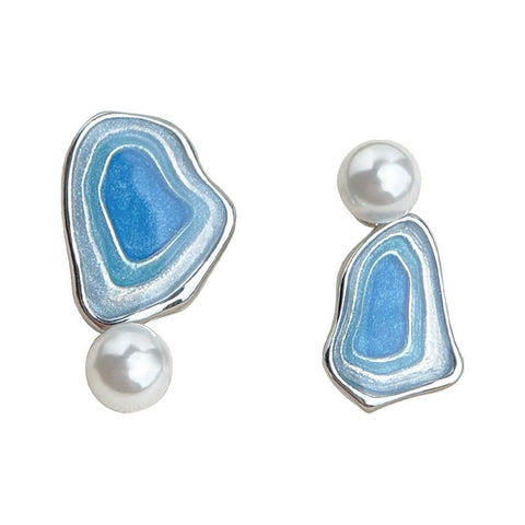 Blue Enamel Pearl Drop Earrings - Asymmetric Silver Needle Earrings with Gradient Glaze Design In Australia - Darrahopens
