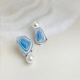 Blue Enamel Pearl Drop Earrings - Asymmetric Silver Needle Earrings with Gradient Glaze Design