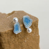 Blue Enamel Pearl Drop Earrings - Asymmetric Silver Needle Earrings with Gradient Glaze Design In Australia - Darrahopens