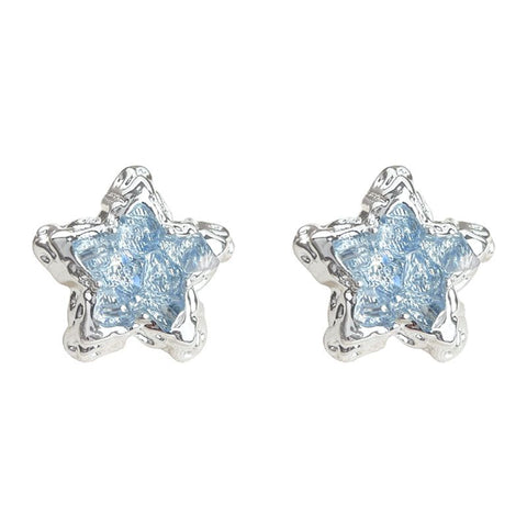 Blue Crystal Star Stud Earrings for Women - Silver Plated Star Shape Earrings with Elegant Minimalist Design