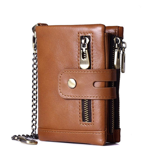Light Brown RFID Blocking Leather Wallet for Men - Vertical Oil Wax Cowhide Bifold Wallet with Double Zipper, Card Slots & Coin Pocket In Australia - Darrahopens