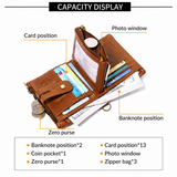 Light Brown RFID Blocking Leather Wallet for Men - Vertical Oil Wax Cowhide Bifold Wallet with Double Zipper, Card Slots & Coin Pocket