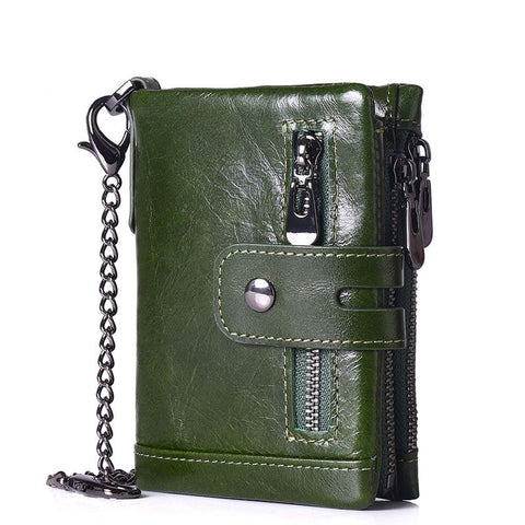 Green RFID Blocking Leather Wallet for Men - Vertical Oil Wax Cowhide Bifold Wallet with Double Zipper, Card Slots & Coin Pocket In Australia - Darrahopens