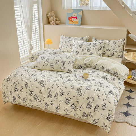 Rose Print Bedding Set - 3 Piece Set - Quilt Cover 264 x 229 cm with 2 Pillowcases 51 x 66 cm - White and Black Floral In Australia - Darrahopens