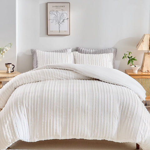 White Tufted Stripe Bedding Set - 3 Piece Quilt Cover and Pillowcase Set -(Queen) In Australia - Darrahopens