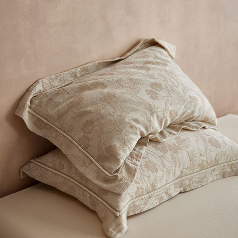 Floral Linen Style Pillowcase Set - 2 Piece Pillow Covers 48 x 74 cm - Wide Border Design (Style 1)
