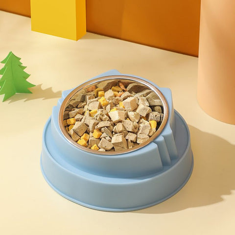 Blue Stainless Steel Cat Food Bowl with Cat Face Design Raised Pet Feeding Bowl