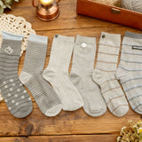 Unisex Grey Mid-Calf Socks, Preppy Collegiate Style with Stripes, Hearts and Button Details, 6 Pairs