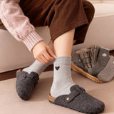Unisex Grey Mid-Calf Socks, Preppy Collegiate Style with Stripes, Hearts and Button Details, 5 Pairs
