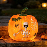 Halloween Pumpkin Light Decoration with Skull Design, Battery Powered Tabletop Ornament for Indoor Outdoor Party Decor