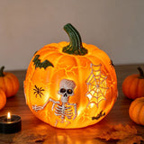Halloween Pumpkin Light Decoration with Skull Design, Battery Powered Tabletop Ornament for Indoor Outdoor Party Decor