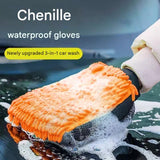 2 Pair Orange Chenille Car Wash Mitts, Double-Sided Microfiber Gloves with Waterproof Inner Layer