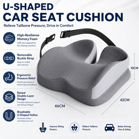 Grey Ergonomic U-Shaped Double-Layer Raised Car Seat Cushion with Breathable Cover and Buckle Straps - High Elasticity Memory Foam Driver Cushion, Coccyx Relief & Posture Improval In Australia - Darrahopens