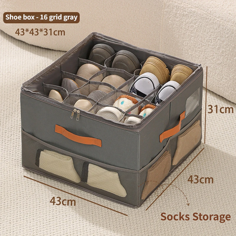 Gray Foldable Shoe Storage Box with Dustproof Clear Top Window, 16 Grid Dividers, Sock Pockets & Handle - Moisture Resistant Oxford Shoe Organizer, Free Installation and Compact for Closet Bedroom Home Storage In Australia - Darrahopens