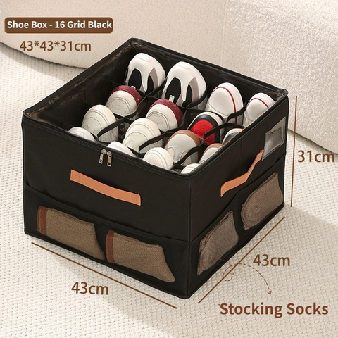 Black Foldable Shoe Storage Box with Dustproof Clear Top Window, 16 Grid Dividers, Sock Pockets & Handle - Moisture Resistant Oxford Shoe Organizer, Free Installation and Compact for Closet Bedroom Home Storage In Australia - Darrahopens