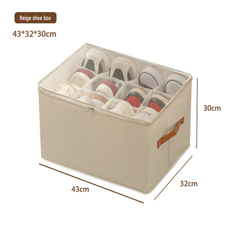 Beige Foldable Shoe Storage Box with Dustproof Clear Top Window, 12 Grid Dividers & Handle - Moisture Resistant Oxford Shoe Organizer, Free Installation and Compact for Closet Bedroom Home Storage In Australia - Darrahopens