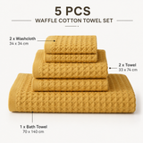 5 Piece Yellow Waffle Weave 100% Cotton Towel Set - Quick Dry Absorbent Bath Towel, 2 x Towels and 2 x Face Towels with Hanging Hook for Home and Guest Use