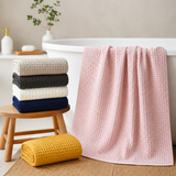5 Piece Pink Waffle Weave 100% Cotton Towel Set - Quick Dry Absorbent Bath Towel, 2 x Towels and 2 x Face Towels with Hanging Hook for Home and Guest Use