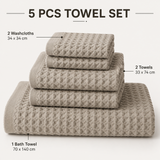 5 Piece Grey Waffle Weave 100% Cotton Towel Set - Quick Dry Absorbent Bath Towel, 2 x Towels and 2 x Face Towels with Hanging Hook for Home and Guest Use