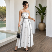 Women's White Boho Print Maxi Dress 2XL Size - Stretch Polyester Fabric, Spaghetti Straps, Fitted Waist and A-Line Silhouette for Spring Summer Beach Vacations, Travel, Parties and Events In Australia - Darrahopens