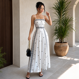 Women's White Boho Print Maxi Dress 2XL Size - Stretch Polyester Fabric, Spaghetti Straps, Fitted Waist and A-Line Silhouette for Spring Summer Beach Vacations, Travel, Parties and Events In Australia - Darrahopens