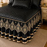 Blue and Gold European Soft Brushed Quilted Bed Skirt + 2 Pillowcases Set - Breathable Padded 150 x 200CM Mattress Cover with Lace Trim and 45CM Elevated Valance, All Season Dust Protection