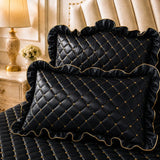 Purple and Gold European Soft Brushed Quilted Bed Skirt + 2 Pillowcases Set - Breathable Padded 150 x 200CM Mattress Cover with Lace Trim and 45CM Elevated Valance, All Season Dust Protection